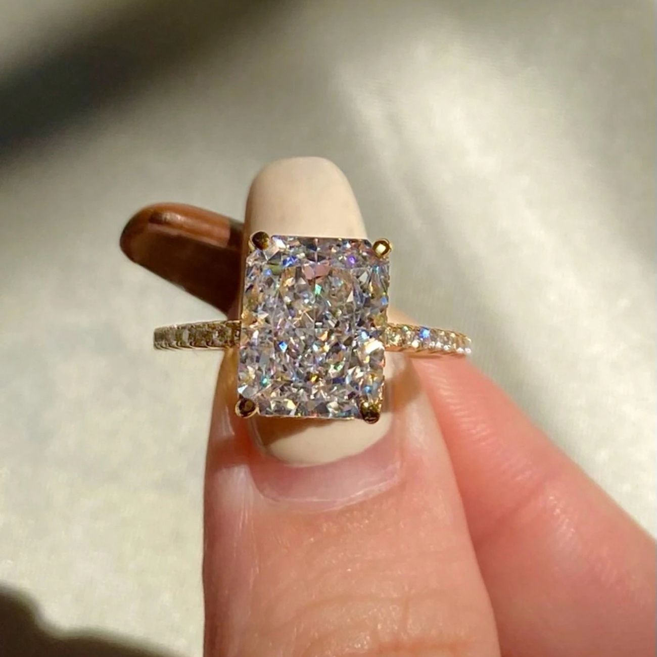 Stylish Radiant Cut White Moissanite Golden Ring